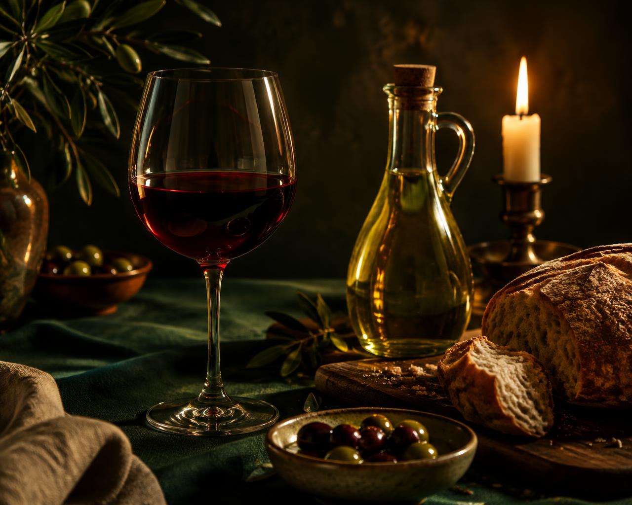 Table dressée, vin et pain